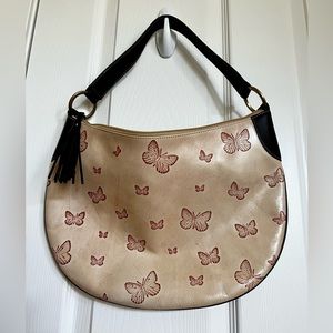 Biege-Brown Leather Hobo, Vintage 1990s, Maxx NY Embossed Butterflies Handbag.